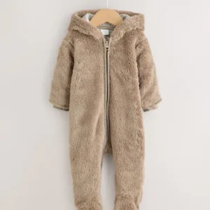 Brown Fleece Hooded Baby Pramsuit